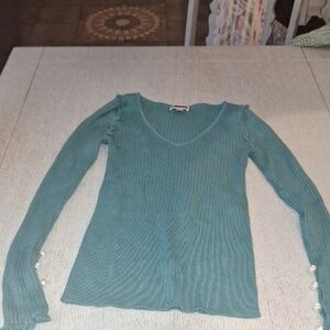 Teal Long Sleeve Top with Pearl Button Accents